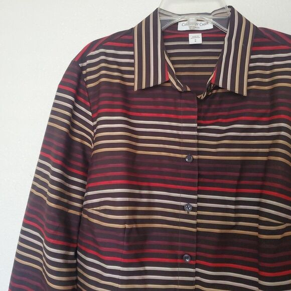Coldwater Creek Blouse Size S 8 Brown Red Stripe No Iron Long Sleeve Button - Picture 5 of 15